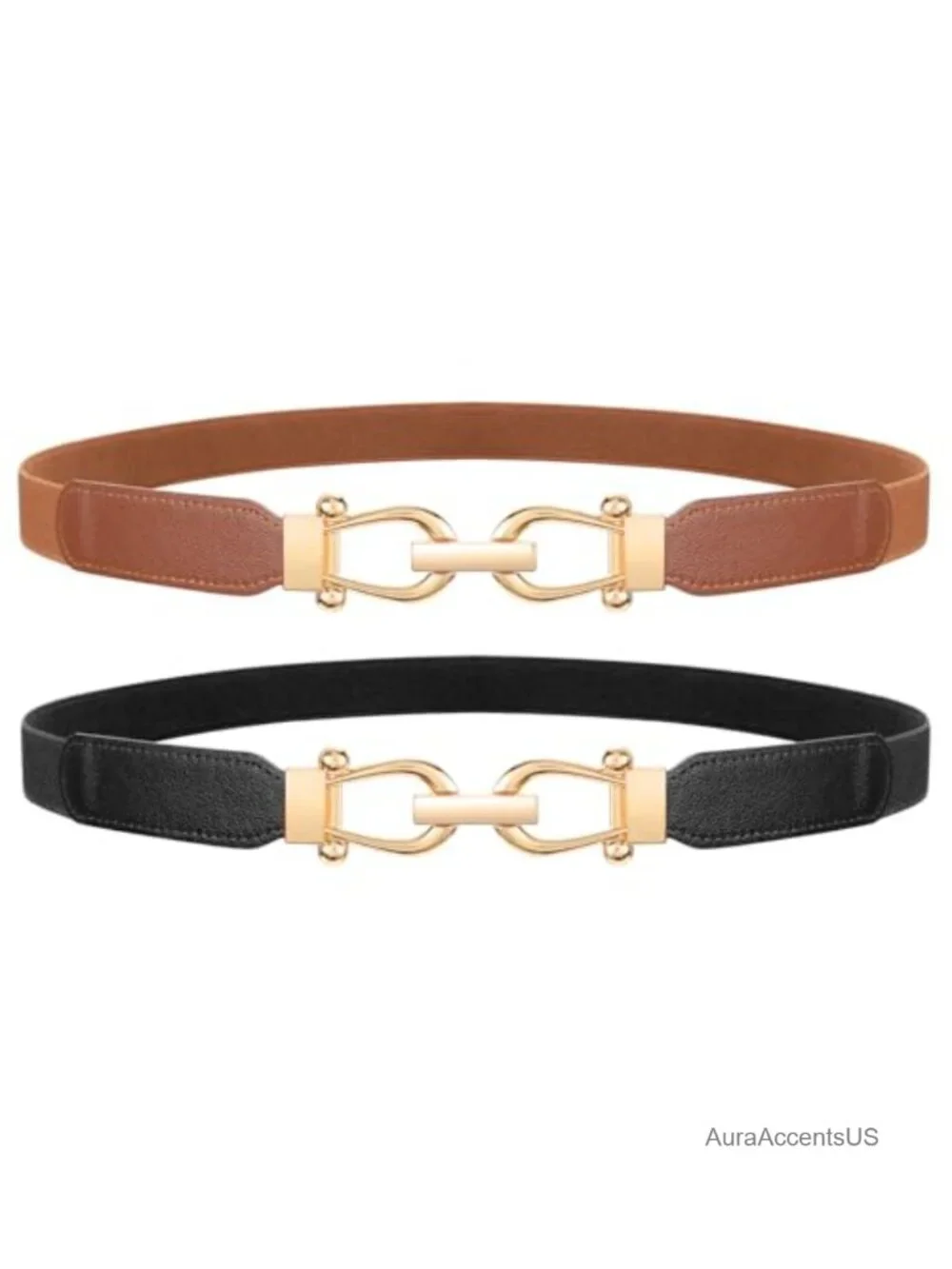 Women Skinny Stretch Belts 2 Pack Thin Elastic Waist Belt Gold Buckle